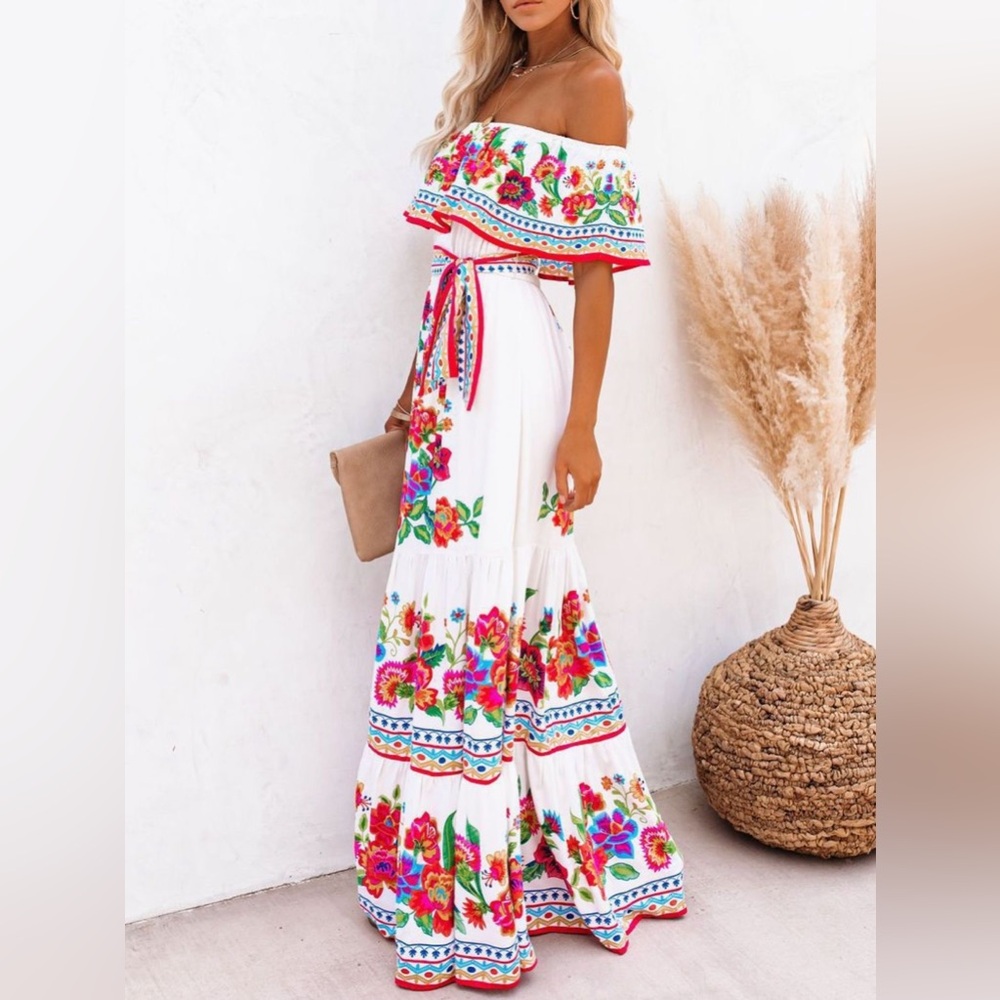 Natural Breeze Floral Off Shoulder Ruffle Maxi Dress S-2XL - Picture 6 of 8
